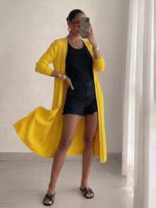 SEREN Cardigan Rajut Panjang Bergaris Kuning Leher V untuk Wanita, Pakaian Kasual Serbaguna Lengan Panjang untuk Perjalanan Musim Gugur, Baru untuk Wanita - Kuning - View 2