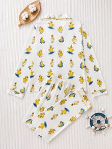Women's 2-Piece Satin Pajama Set, Cute Cartoon Duck Print, Lapel Long Sleeve Top And Elastic Waist Pants, Soft And Silky Loungewear - Yellow - View 2