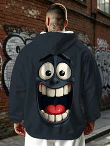 Men's Plus Size Casual Hooded Sweatshirt, Polyester Knit Fabric, Comfortable And Breathable, Fashionable Casual Cute Funny "Big Mouth Expression" Graphic, Streetwear Loose Fit Top, Unique Novel Fresh Series - Grey - View 2