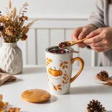 1pc 490ml/16.5oz Cottagecore Autumu Ceramic Tea Cup With Infuser And Lid, Hello Pumpkin Large Capacity Porcelain Coffee Cup Infuser Mug For Loose Leaf Tea Coffee Cocoa, Fall Home Kitchen Decor Drinkware, Gift For Halloween Thanksgiving Harvest - Multicolor - View 7