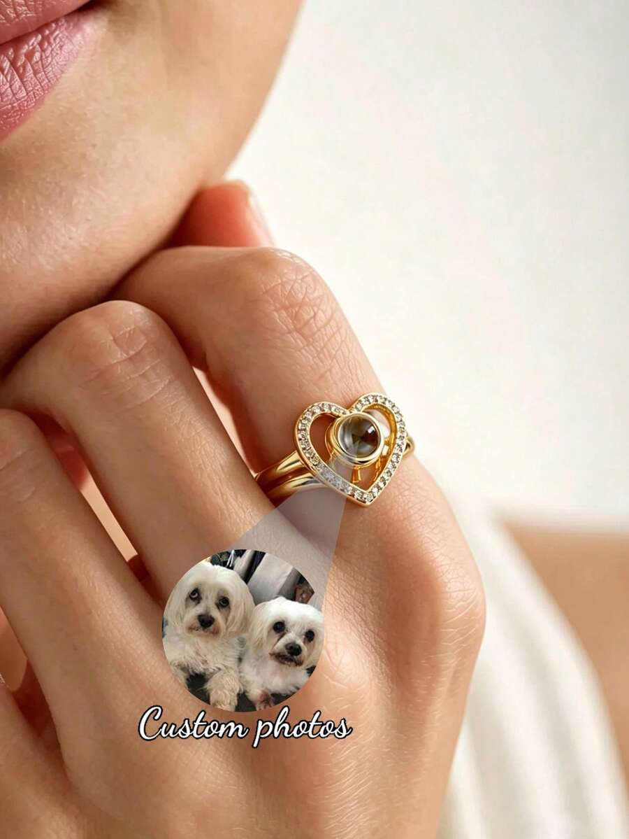 Custom Personalized Projection Ring With Photo, Unisex Customized Photo Engagement Rings, Wedding Jewelry, 2pcs Heart Adjustable Ring, Valentine's Day & Christmas Gift