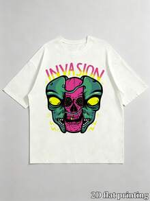 Men's Vintage Street Style Invasion Alien Skull Print Oversized T-Shirt, Casual Loose Crew Neck Short Sleeve Summer Tops Suitable For Daily Casual, Go - White - View 4