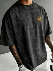 Men's Summer Mysterious Eye Gold Print Front & Back Short Sleeve, Vintage Acid Wash Street Casual Top - Black - View 4
