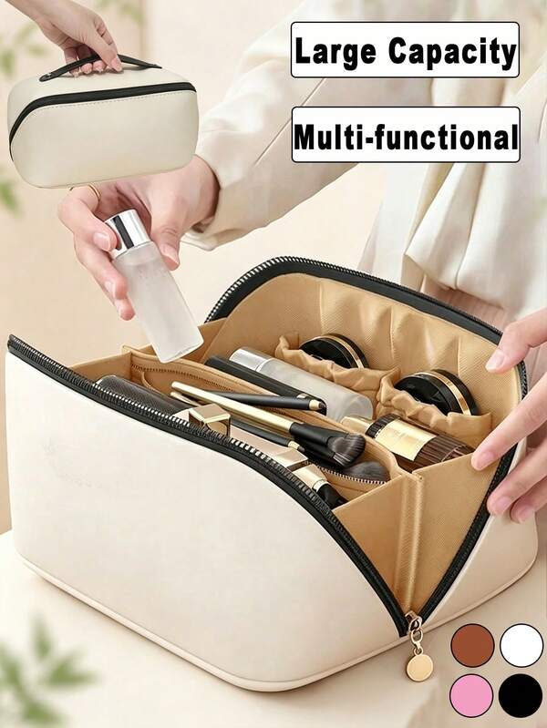 1pc Holiday Travel Makeup Bag, Large Capacity Cosmetic Organizer Bag, Bathroom Toiletry Bag, Women's Makeup Bag, Double Layer, Large Capacity, PU Leather Smooth Material, Waterproof, Portable, Travel Accessories, Travel Essentials, Back To School Must-Have, Wedding Gift, Holiday Gift, Birthday Gift, Perfect Gift For Women/Teachers