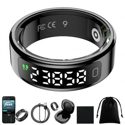 Smart Ring For Women Men, Health & Fitness Tracker With Sleep,Heart Rate,Blood Oxygen,Stress,Motion Tracking, Step Counter,Calories, LED Display Sreeen, Fast Charging, Long Battery, Waterproof,Daily Wear, Outdoor Sports, Summer Travel, Birthday Gift