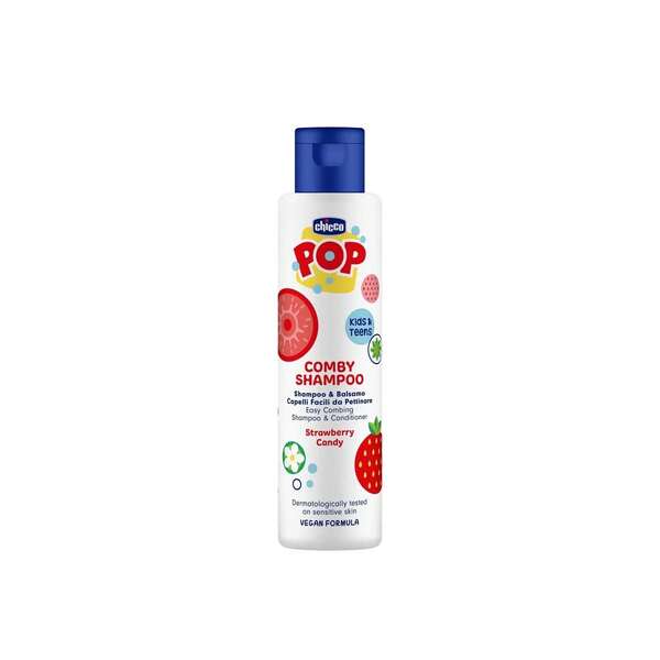Chicco POP Comby Champô Rebuçado de Morango 250ml - Champô e amaciador 2 em 1, Fórmula suave