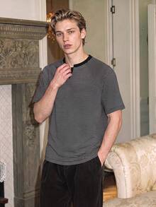 Men Striped Henley Neck Short Sleeve T-Shirt, Old Money Notch Collar Tee, Casual Holiday Daily Outfit For Back To School - Black - View 3