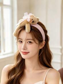 1pc Pink Plush Bear Headband With Lace Bow, Cute Women's Face Wash Headband - Multicolor - View 1