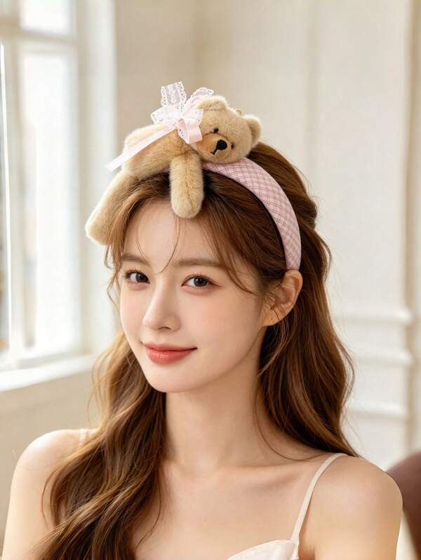 1pc Pink Plush Bear Headband With Lace Bow, Cute Women's Face Wash Headband