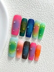 10件多巴胺風手工穿戴式美甲，Polygel美甲套組，水滴元素設計，綠色、粉色、藍色指甲油，活潑風格，附美甲工具，3種尺寸可選，杏仁形、鴨嘴形、棺材形，適合派對、跳舞、日常穿戴 - 彩色 - 查看 4