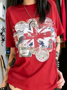 Vintage Union Jack Stamp Collage Oversized Tee, 100% Cotton Breathable, Street Style Casual Wear, Great Gift For Travel & Retro Fashion Lovers - 紅色 - 查看 10