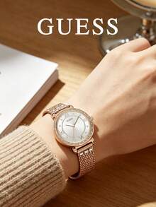 GUESS Women's Quartz Watch With Starry Rhinestone Dial, Roman Numerals, Minimalist White Face, Rose Gold Steel Band, Elegant Luxury Style - Gold - View 4