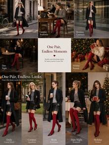 1 Pair Women Burgundy Ribbed Knit Slouchy Over The Knee Socks Old Money For Fall Boot Layering Office Daily Wear - Red - View 2