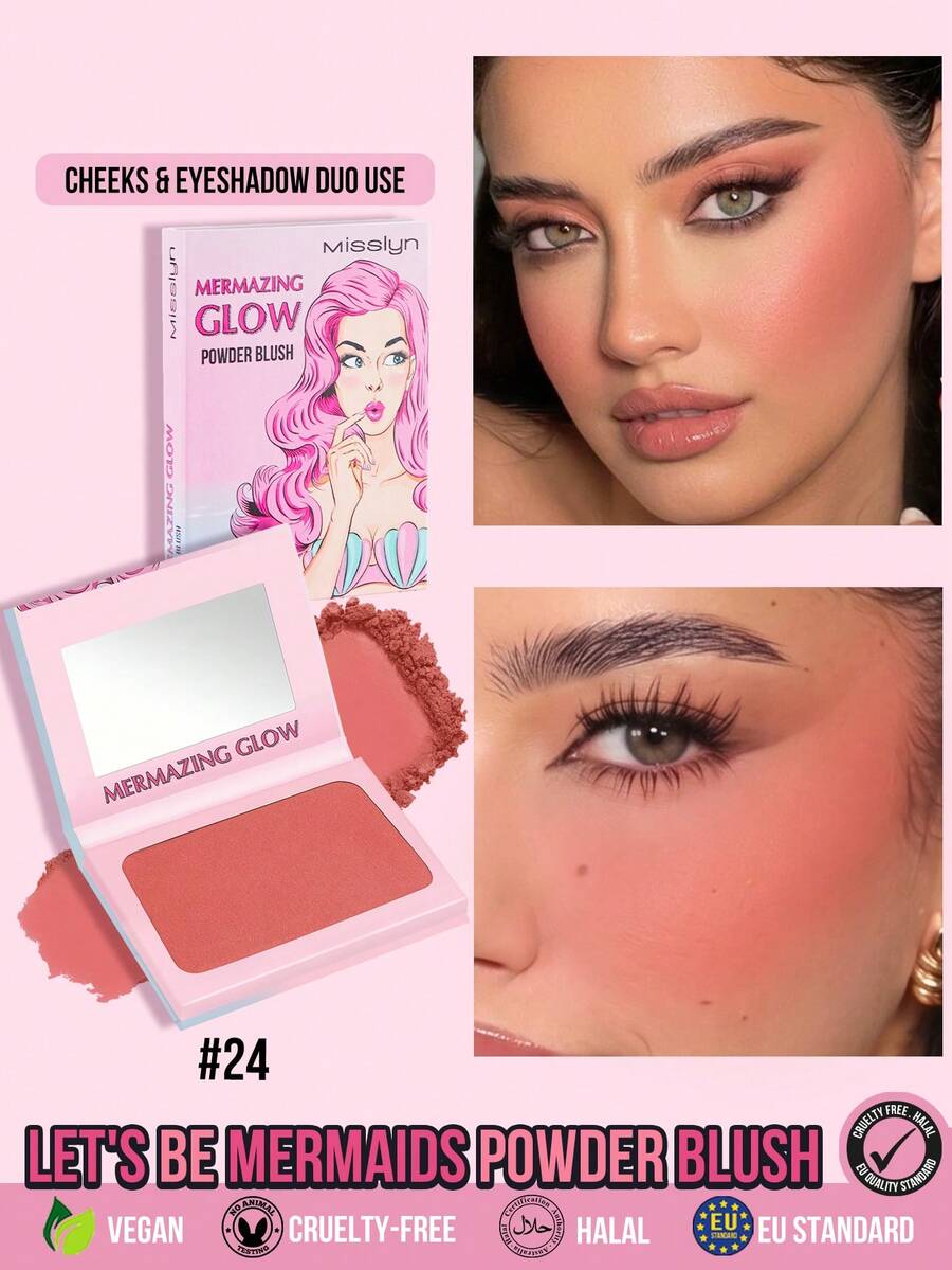 Misslyn 1pc Let's Be Mermaids Blush, High Pigment Silky Powder Blush, Lightweight Smooth Blendable Formula, Long-Lasting Face Makeup, Soft Matte Finish, Suitable For Daily, Birthday, Party And Y2K Looks - Color No. 24 - View 1