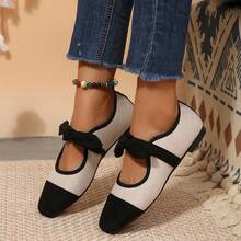 Bow Velvet Fashion Women's Shoes Spring French Vintage Colorblock Shallow Low Heel Square Toe Pumps - Black + Beige - View 2