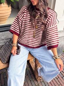 Women Crew Neck Striped Knit Sweater Loose Oversized 3/4 Wide Sleeve Soft Fuzzy Pullover Casual Daily Top Fall - Multicolor - View 3
