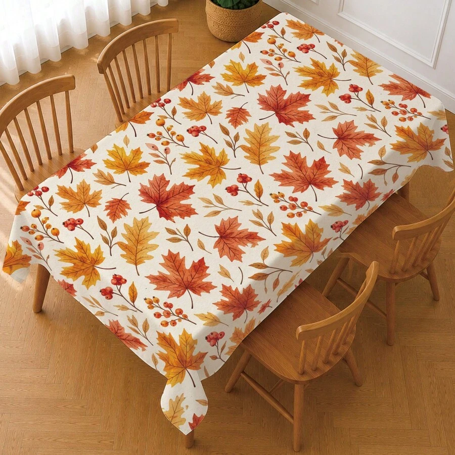 1pc Minimalist Autumn Maple Leaf & Berry Pattern Tablecloth, Stain-Resistant Dining Table Decor Cloth, Suitable For Kitchen, Dining Table, Coffee Table, TV Stand, Entryway, Party Holiday Decoration, Home Decor, Autumn Gathering - Multicolor - View 1