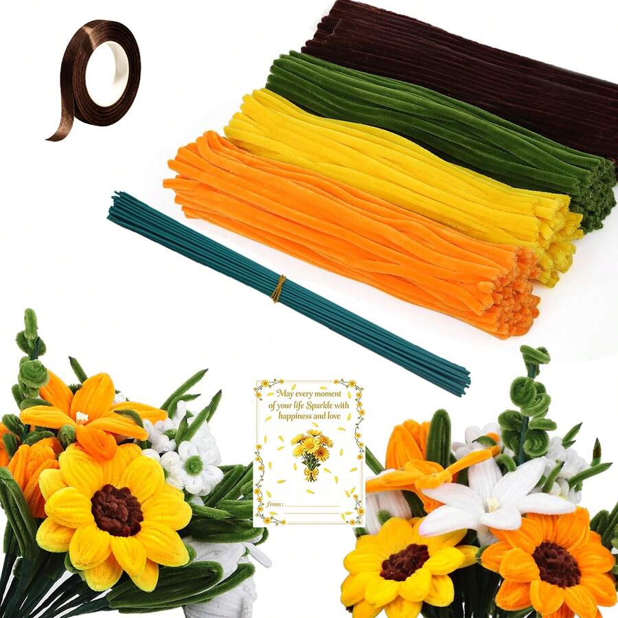 Kit Buket DIY Batang Chenille Aneka Warna 201/212pcs, Bahan Kerajinan Tangan Batang Chenille Lembut dan Mewah, 200pcs Batang Chenille Campuran Warna, Batang Bunga, Pita Bunga, Panduan Langkah demi Langkah dan Video Tutorial, Kit Kerajinan Tangan Bunga untuk Pemula