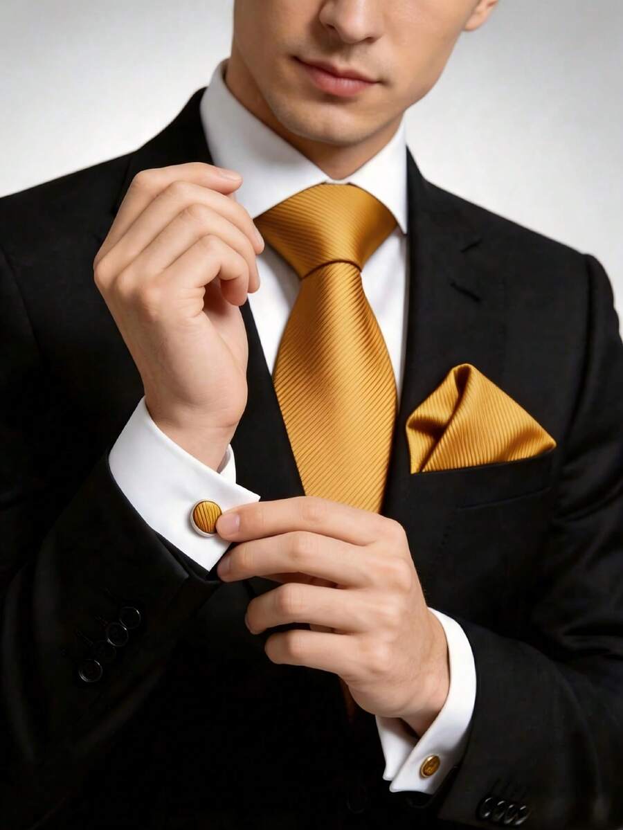 1套男士8cm紋理領帶、口袋巾與袖扣套裝,適合商務會議、婚禮派對新郎領帶套裝 - 薑黃 - 查看 1