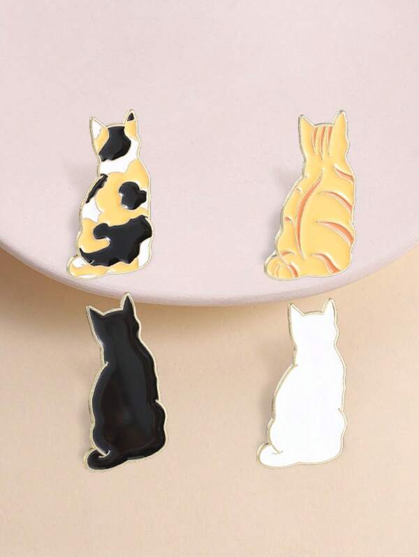 4Pcs Minimalist Back View Cat Enamel Pin Black White Calico Tabby Solid Kitty Brooch Neutral Backpack Decor Badge