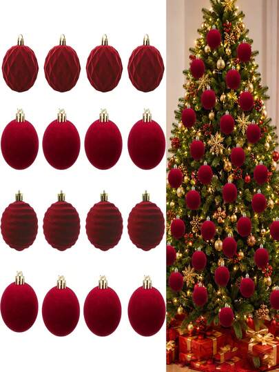 16PCS, Flocked Christmas Ball Ornaments, 2.36 Inch Burgundy Flocked Winter Christmas Tree Decor, Easy To Hang, Suitable For Room, Fireplace Mantel, Stairs, Christmas Tree Decoration, Porch Window, Christmas, Holiday Party And Home Decor