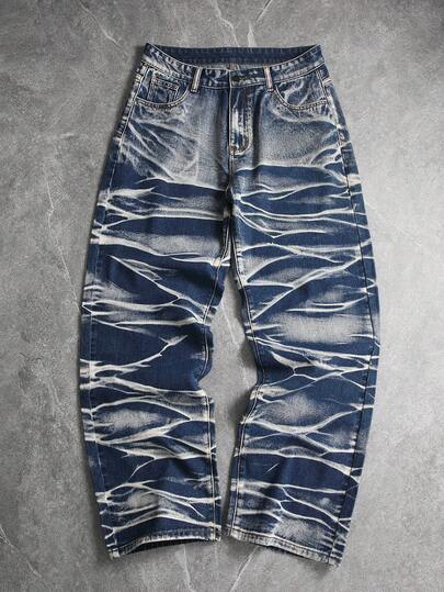 European & American Men's Blue Tie-Dye Multi-Craft Wide Leg Loose Straight Denim Jeans