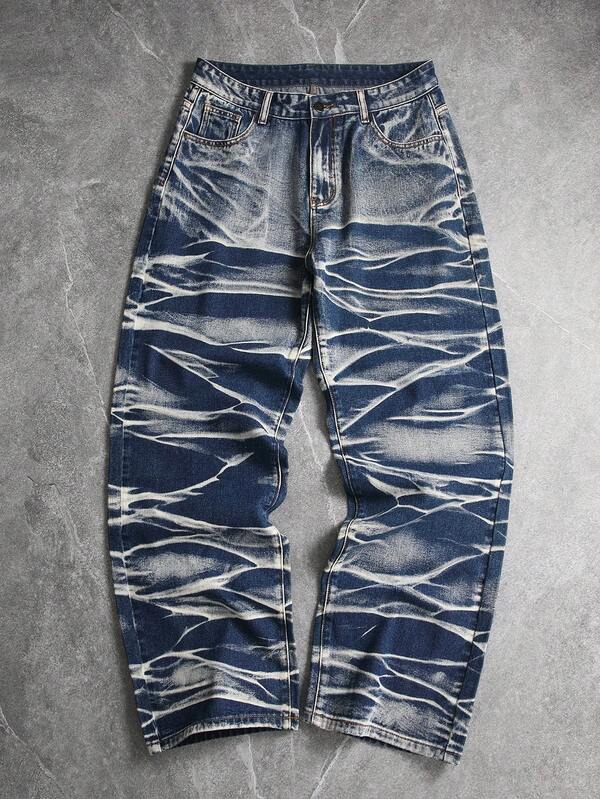 European & American Men's Blue Tie-Dye Multi-Craft Wide Leg Loose Straight Denim Jeans