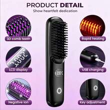 Multi-Color Wireless Curling Comb, Portable Anti-Frizz Tool With LED Digital Temp Control & Anti-Scald Design, USB Rechargeable, Lightweight & Compact, Say Goodbye To Morning Frizz, Smooth Hair Anytime, Anywhere, Multiple Colors Available. - Multicolor - View 9