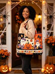 1pc Women's Halloween Tote Bag & Coin Purse Set - Large Capacity Crossbody Bag, Storage Bag, Organizer Bag, Women's Beach Bag, Also Can Be Used As Makeup Bag, Laundry Basket, Cute Pumpkin & Bat Print, Machine Washable & Reusable Tote Bag, Suitable For Travel, Shopping, Daily Use, Holiday Essential, Travel Essential, Gift Essential - View 4