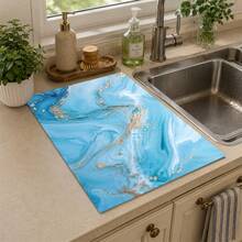 1 pieza Alfombrilla de drenaje de cocina de tierra de diatomeas con patrón de mármol azul & blanco y dorado, alfombrilla absorbente de secado rápido y antideslizante para cafetera y alfombrilla de secado de platos, adecuada para encimera de cocina y mesa de comedor - Multicolor - Ver 3