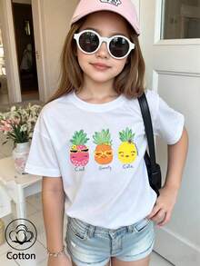Camiseta de manga corta de algodón para niñas, con un estampado de tres piñas sonrientes, en un estilo lindo y dulce, para verano/otoño - Blanco - Ver 2