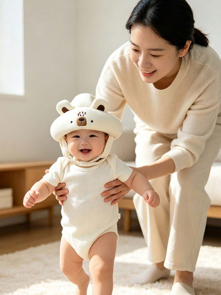 HAPPY WALK 1件嬰兒小熊頭部防護帽,3D網布透氣 - 高階款-香檳色 - 查看 1