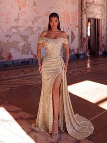 ADYCE Elegant Sequin One-Shoulder High-Waist Slit Backless Tie-Up Maxi Party Dress Fall Wedding - Champagne - View 5