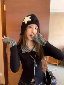 Women's Early Spring Striped Patchwork Slim Fit Cardigan Top, Collared Long Sleeve T-Shirt - Black - View 1