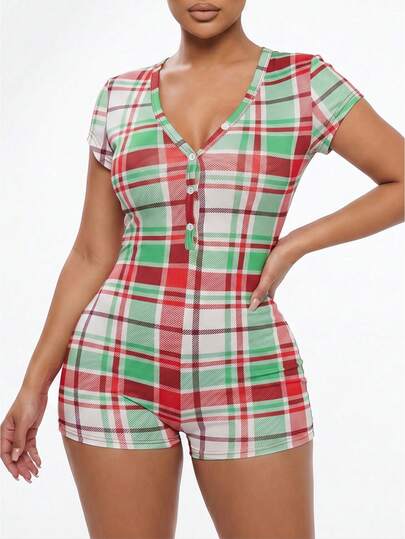 Women's Plaid  Gingerbread Print Romper Pajamas, Short Sleeve V-Neck Button-Down Shorts Jumpsuit Loungewear