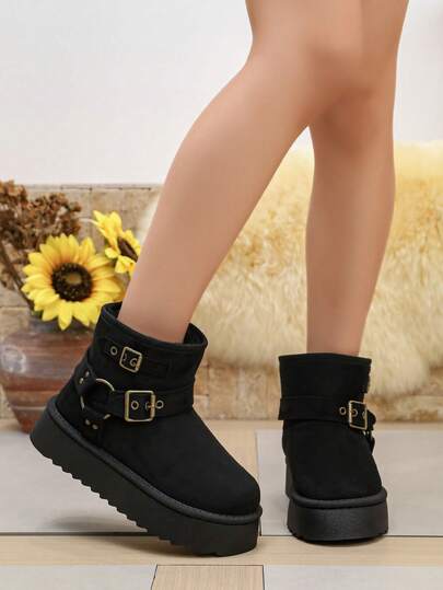 Solid Tone Faux Suede Short Boots, Ladies Multi Metal Buckle Rivet Ring Accent Ankle Booties