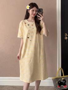 Baju Tidur Lengan Pendek Motif Bulan Sabit Asimetris Garis Kuning Gaya Korea Leher Bulat Model Pullover untuk Musim Semi/Panas - Kuning - View 4