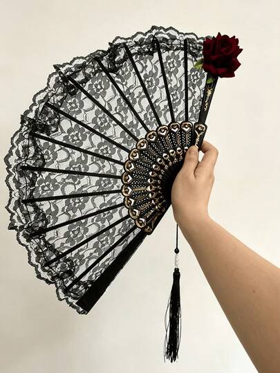 Elegant Vintage Spanish Lace Fan, Luxurious European Style Rose Folding Fan, Anime Convention Elegant Prop, Traditional Chinese Style Decorative Fan