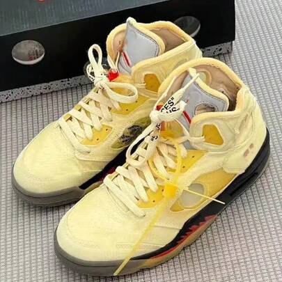 Air Jordan5 Retro Zapatillas de baloncesto unisex de media caña, cómodas y versátiles, retro, amarillas