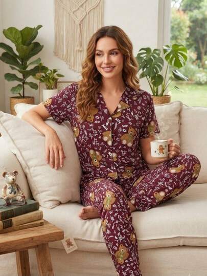 Women's Cartoon Print Short Sleeve Top And Long Pants Casual Daily Home Pajama Set