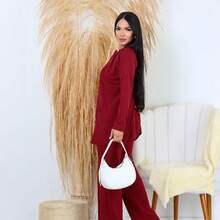 Women's 3-Piece Casual Set, Comfortable And Stylish, Suitable For Everyday Wear At Home, Street, Office, Airport, Garden, And Autumn/Winter. - 酒紅色 - 查看 3