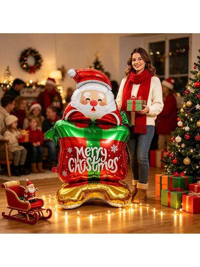 1pc 156cm Giant Base Gift Box Santa Claus Balloon, Suitable For Christmas, New Year, Anniversary, Reunion Party Decoration, Christmas Theme Decoration Balloon, Party Photo Prop Balloon