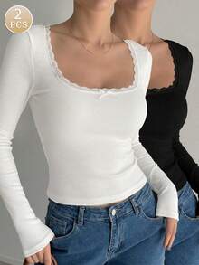 2pcs/Pack Women's Ribbed Knit Long Sleeve Tops, Slim Fit Crew Neck Shirts With Lace Trim And Bow Detail, Black & White Basic T-Shirts - Multicolor - View 3