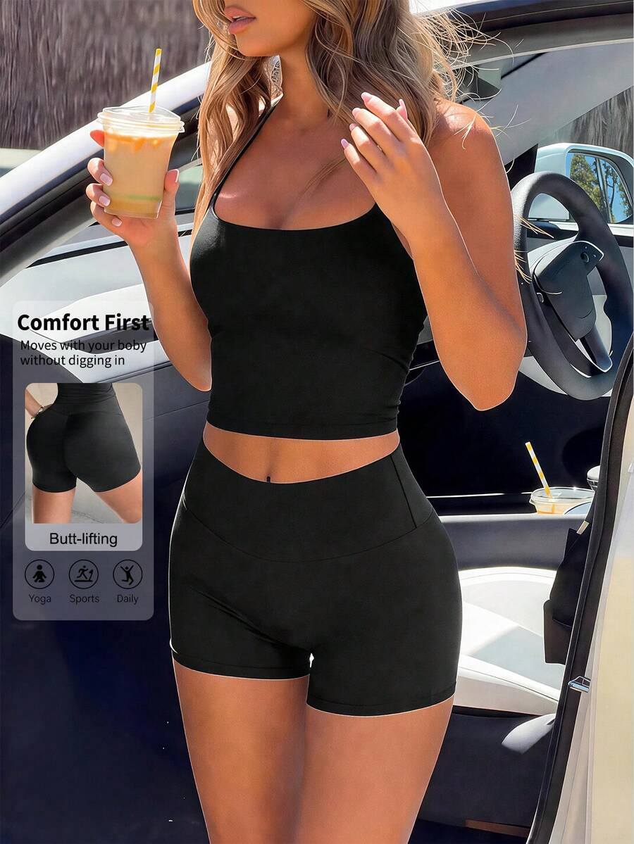Women's Casual Sport 2-Pcs Set,Criss Cross Backless Sleeveless Adjustable Straps Tops,High Waist Tummy Control Legging Shorts,For Daily Wear,Yoga - Black - View 1