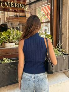 Rompi Sweater Rajut Wanita Model Leher Setengah Tinggi untuk Musim Gugur/Dingin, Rompi Sweater Rajut Musim Gugur - Royal Blue - View 10