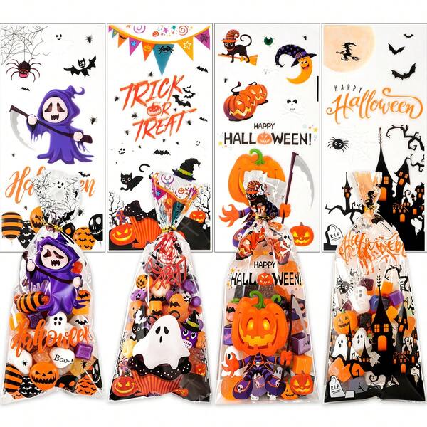 100 pièces Fournitures de fête, Sacs cadeaux en cellophane d'Halloween, Sacs en plastique transparent pour bonbons d'Halloween avec liens torsadés, Convient pour l'emballage de collations et de biscuits