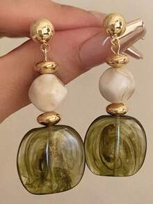 1 Pair Exquisite Niche Personalized Vintage Minimalist Versatile Geometric Asymmetrical Graphic Earrings Suitable For Women To Wear In Any Occasion, Holiday Gift For Loved Ones - Green - View 1