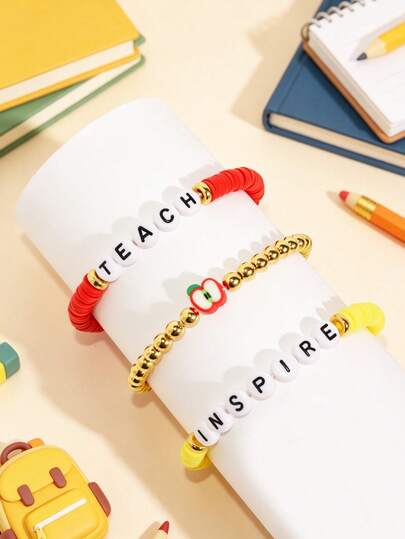 3pcs/Set Letter Beaded Bracelet Apple Pendant Layered Wear Gift Jewelry Set Back To School Teacher's Day Gift