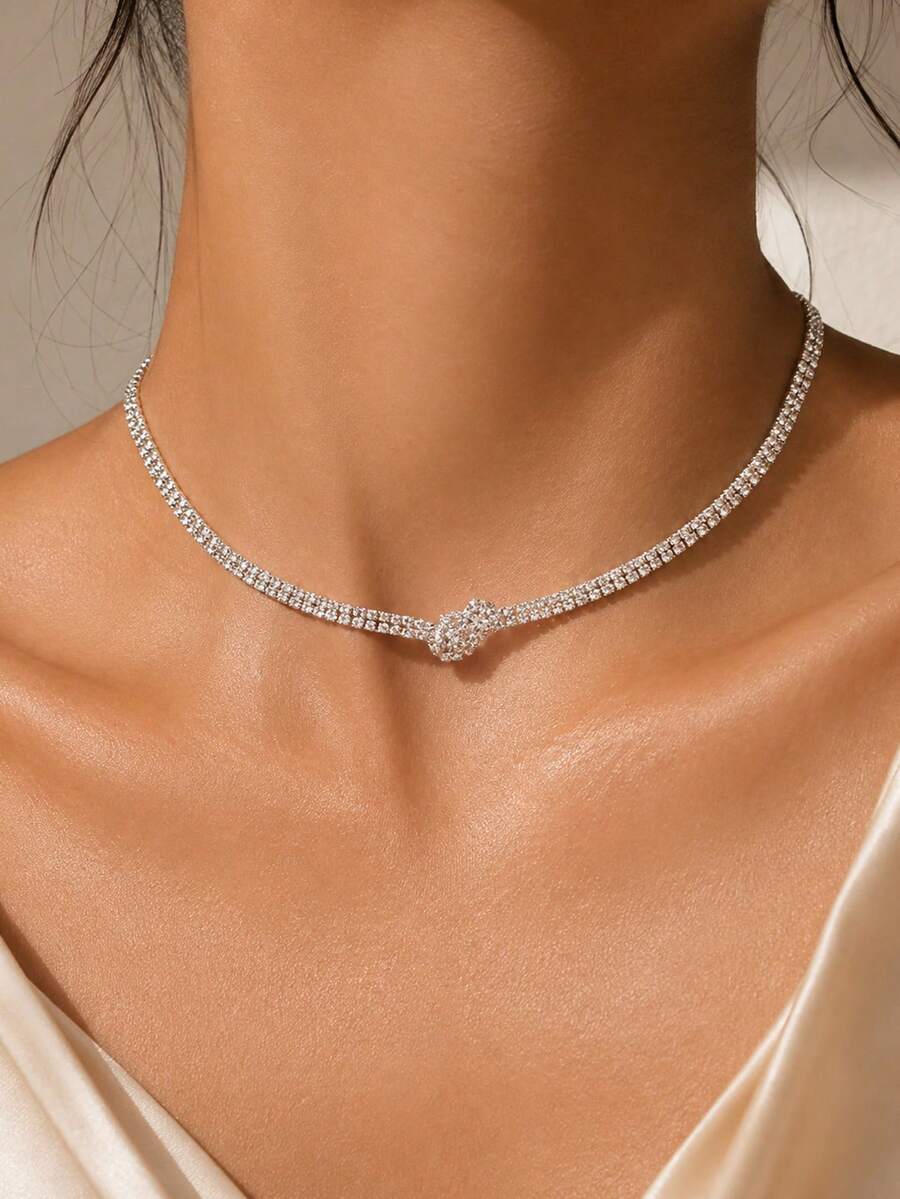 1pc Fashion Minimalist Geometric Multi-Layer Clasp Claw Chain Necklace Design Rhinestone Choker Elegant Accessory For Women - Silver - View 1