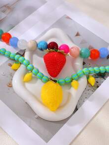 1pc Bohemian Style Y2K Creative Fashion Elegant Exquisite Glamorous Personalized Exaggerated Cute Fruit Series High-Quality Dopamine Color Resin Beaded 3D Strawberry/Lemon Pendant Necklace For Women Sisters Couples Prom/Graduation Jewelry Gift, Suitable For Daily Wear, Dating, Wedding, Party, Holiday, Summer Beach Vacation - necklace - View 5